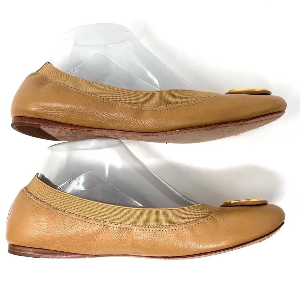 Tory Burch Caroline Beige Leather Elastic‎ Logo Ballet Flats Size 8.5